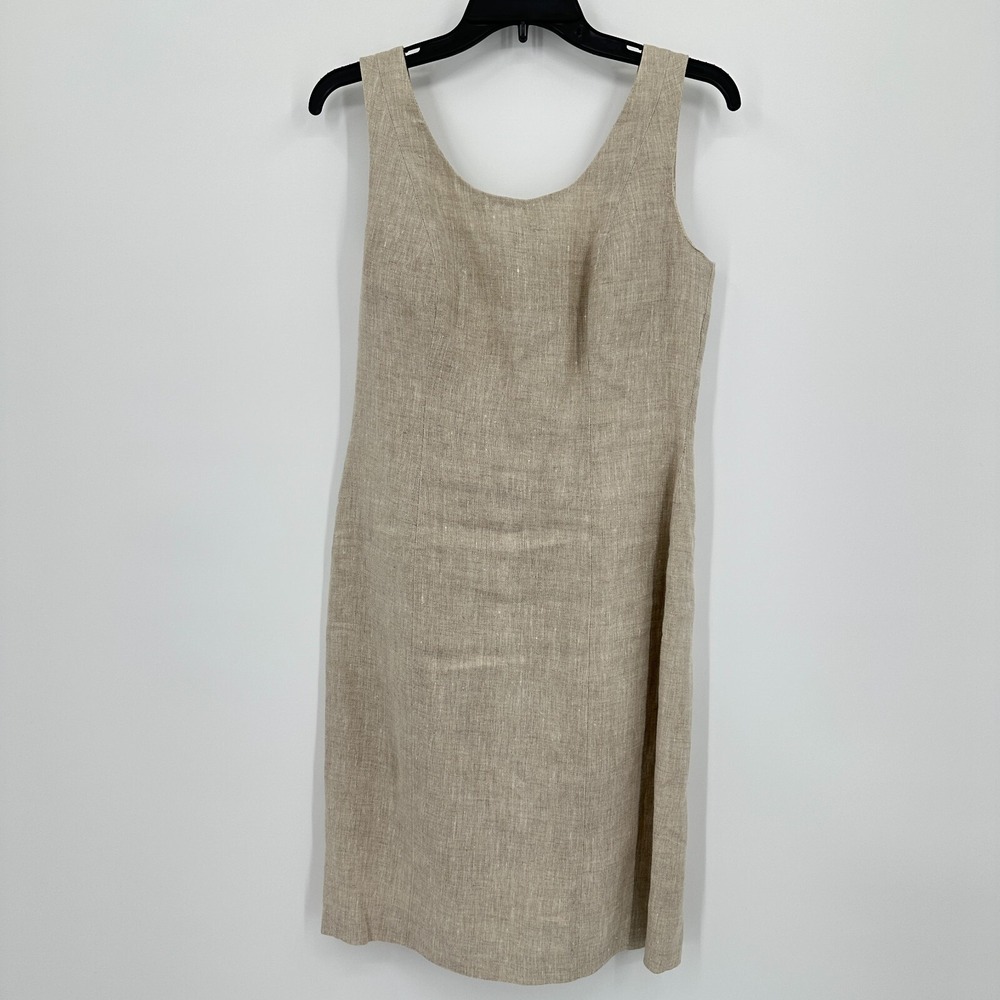 Vintage Moda Int'l Linen Sheath Dress Beige Size 8 Lined Sleeveless Boho Natural